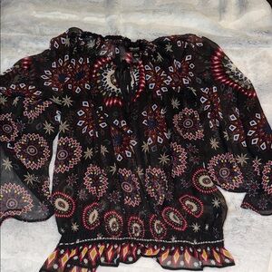 Nicole Miller Black Floral Mandala Peasant Blouse